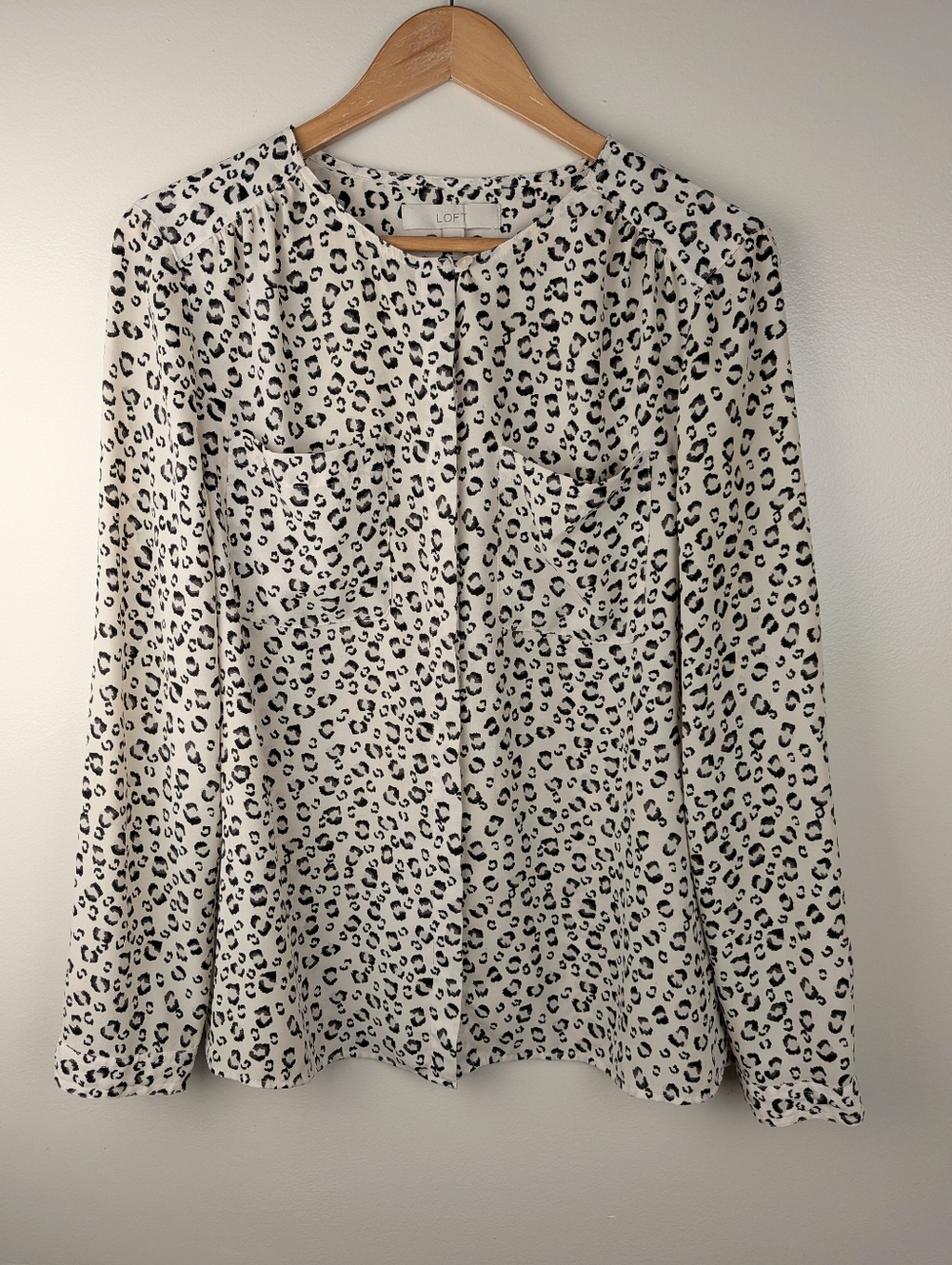LOFT Cream and Black Leopard Print Long Sleeve Blouse